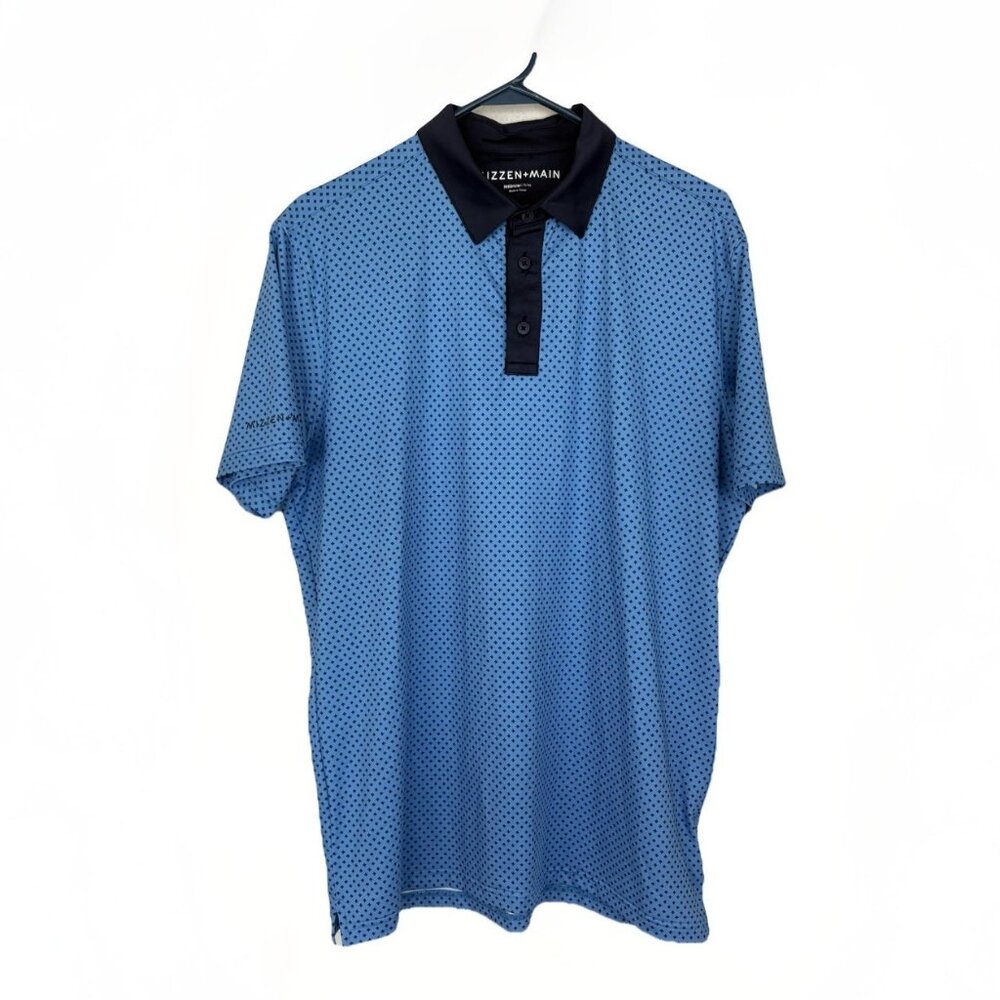 Mizzen Main Versa Polo Shirt Men Medium Trim Navy Blue Diamond Geo Print Stretch